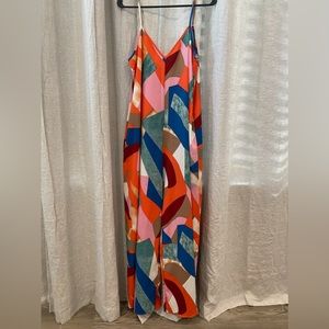 Multicolor patchwork print wide leg jumpsuit. Spaghetti strap. M. Shein